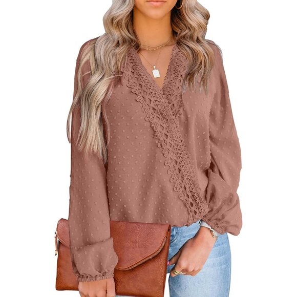 Tops - Women's Chiffon V Neck Blouse Large Casual Dressy Long Sleeve Top